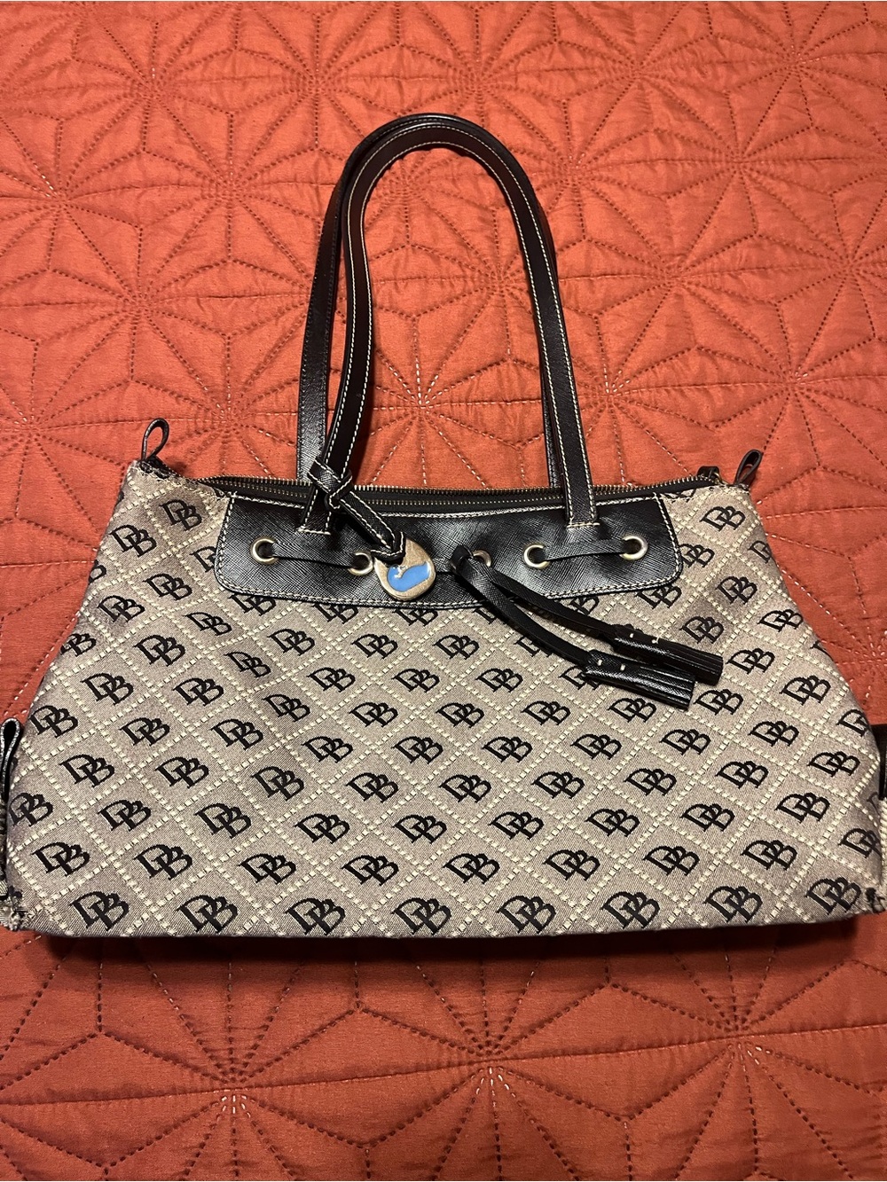 Dooney & Bourke Beige Monogram Shoulder Bag with Black Trim